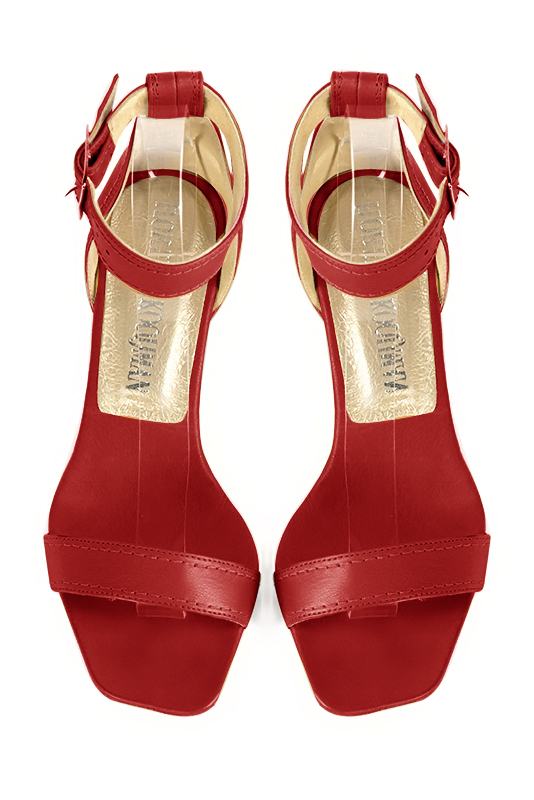 Scarlet red women's closed back sandals, with a strap around the ankle. Square toe. Medium block heels. Top view - Florence KOOIJMAN